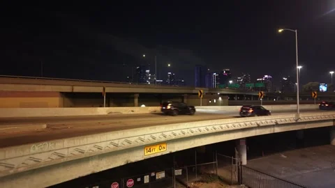 Night Drone View of Los Angeles Freeway Overpass, September 2026 Stock Footage 345703203