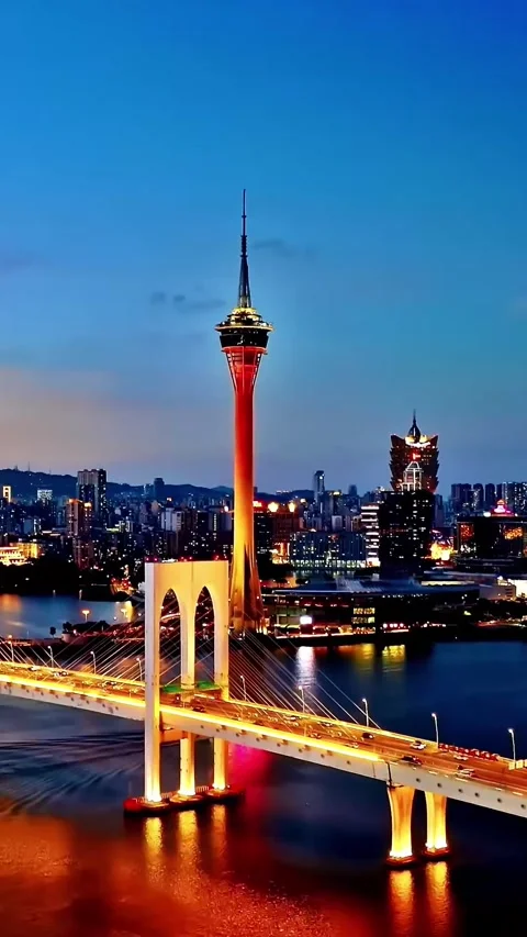 Night drone view of Macao Peninsula highway with city lights shining Vídeos de archivo 335075420