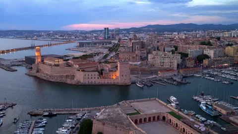 Night drone view of Marseille old port and harbour with boats, drone shot of Stock Footage 313271709