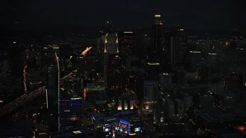 Night drone view over downtown Los Angeles showing sparkling lights Stock Footage 344389744
