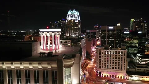 Night drone view over downtown Orlando Florida with glowing city lights Stock Footage 344583512