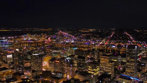 Night drone view over downtown Portland Oregon showing glowing city grid Stock Footage 344639398