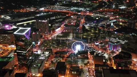 Night drone view over downtown Atlanta, Georgia showing cityscape lights Stock Footage 344733923