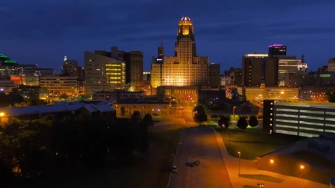 Night drone view over downtown Buffalo, New York State showing city lights Stock Footage 344745105