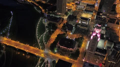 Night drone view over downtown Columbus Ohio showing cityscape lights Stock Footage 344781521