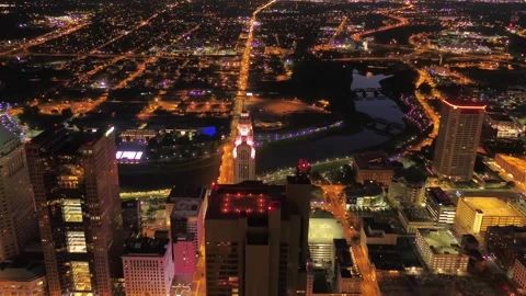 Night drone view over downtown Columbus Ohio with glowing skyscrapers Stock Footage 344781529