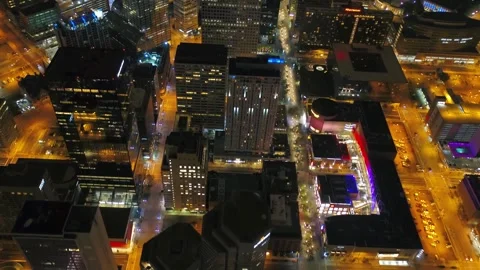 Night drone view over downtown Denver Colorado with city grid lights Stock Footage 344783763