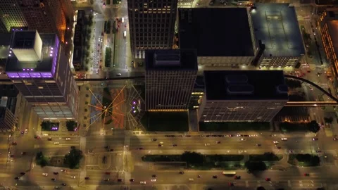 Night drone view over downtown Detroit Michigan with glowing skyscrapers Stock Footage 344787319