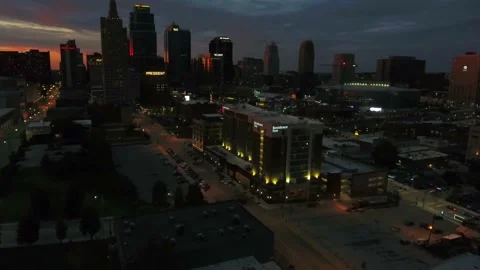 Night drone view over downtown Kansas City Missouri showing cityscape lights Stock Footage 344794429