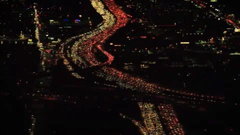 Night drone view over an expansive Los Angeles freeway with traffic Stock Footage 344389763