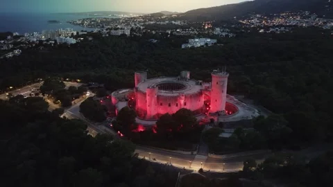 Night drone view of Palma de Mallorca, castle Bellver in Palma de Mallorca with Stock Footage 284747058