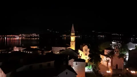 Night Drone View of Saint John Church Bell Tower: Majestic Architecture.Budva Stock Footage 300566336