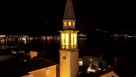 Night Drone View of Saint John Church Bell Tower and Old Budva Stock Footage 300566368