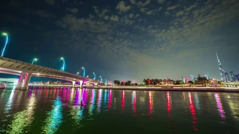 Night dubai canal reflection downtown bridge panorama 4k time lapse uae Stock Footage 74940981