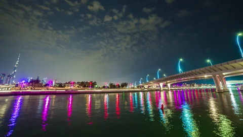 Night dubai canal reflection downtown bridge panorama 4k time lapse uae Stock Footage 172433231