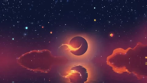 Night Eclipse Sky with Galaxy Stars Sea Reflection Stock Footage 303814097