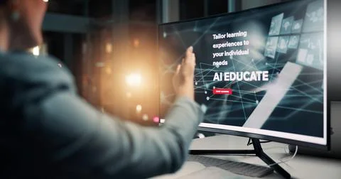 Night, employee and pointing at computer screen, office and ai researcher with Stock Photos