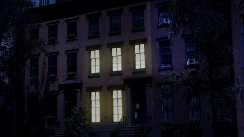 Night Establishing Shot of Typical Brooklyn Brownstone Home Stock Footage