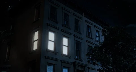 Night Establishing Shot of Typical Brooklyn Brownstone Upper Floors 스톡 동영상 123777476