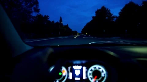 Night fall view from inside a car of driver POV of the road landscape. Blurred 스톡 동영상 336266897