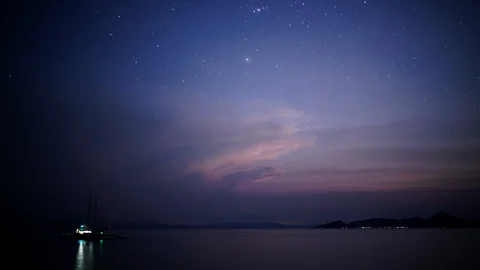 Night falling on the ocean in the Philippines, shooting stars Stock Footage 124997364