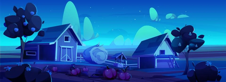 Night farm with barn and haystack Stock Illustration