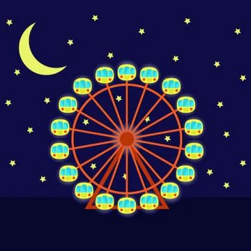 Night Ferris wheel with illumination, vector illustration in cartoon flat sty Stock Illustration