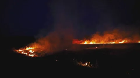 Night Fire Spreading Through Dry Landscape Stock-Footage 331827352