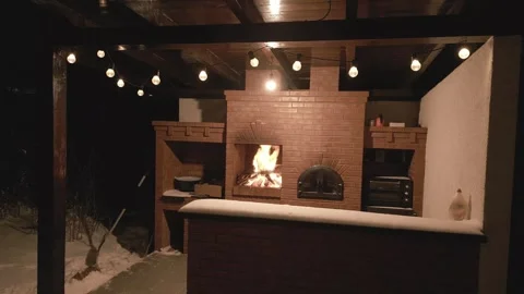 Night Fire Timelapse in Outdoor Winter Kitchen Stock Footage 341767722