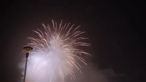 Night Fireworks Display with Blurred Lonely Street Lamp Video stock 334839371