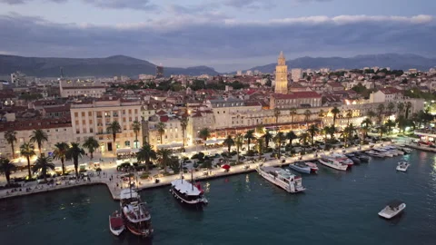 Night flight over of Split, Croatia Stock Footage 250204134
