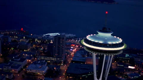 Night flight past Seattle's Space Needle. Shot in 2000. Stock Footage 59523922