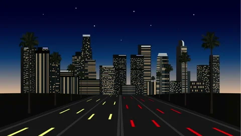 Night flight towards downtown Los Angeles over a heavy traffic freeway Stock Footage 167522532