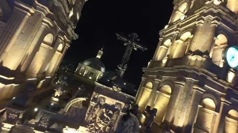 Night Flyby of Durango Cathedral Tower Ending on Main Cross Stock Footage 306626213