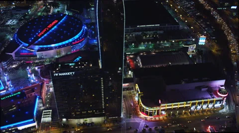 Night flyby of The Ritz-Carlton and The Staples Center in Los Angeles. Shot in Stock Footage 59109271