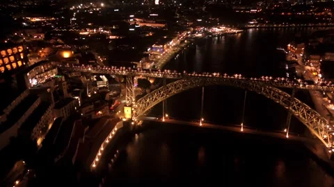 Night Flyover Above Dom Luis I Bridge and Douro Lights Stock Footage 344799014