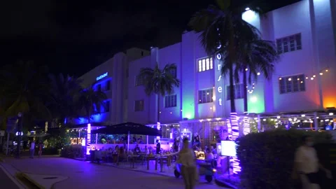 Night footage hotels and night clubs Miami South Beach art deco district Stock Footage