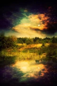 Night Forest and River Stock Illustration