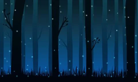Night forest background with fireflies of dimly lit. Illustrazione stock