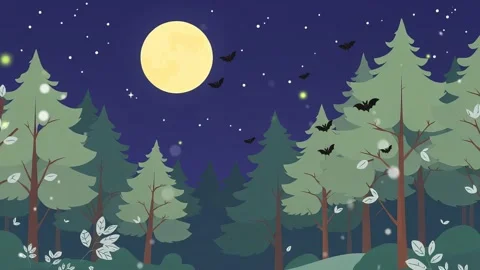 Night Forest with Bats: Full Moon Forest, Halloween Forest with bats is going o Stock Footage 307001351