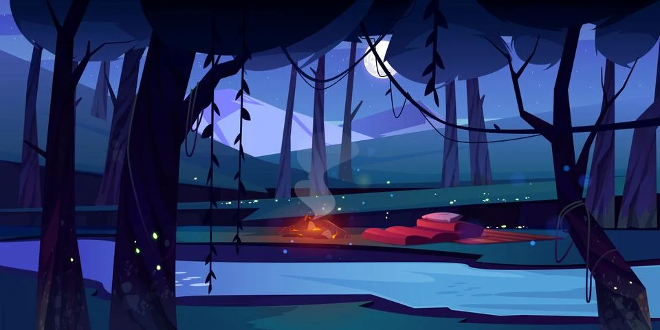 Night forest with camp, fire, river and mountains Stock Illustration