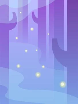 Night forest flat background. Trees with fog and fireflies. Vector illustrati Stock Illustration