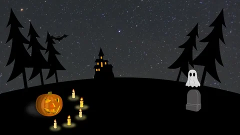 Night forest glade with jack-o-lantern and candles near a grave with ghost Stock-Footage 117171809
