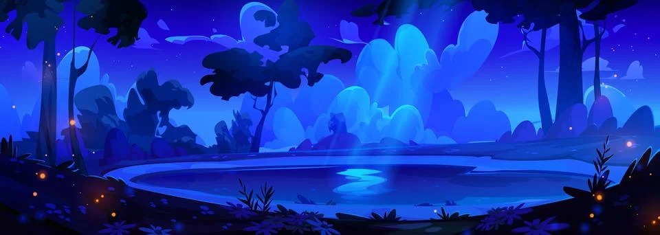 Night forest lake with moonlight reflection Stock Illustration