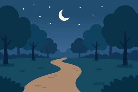 Night forest landscape with winding path, trees, crescent moon Stock Illustration