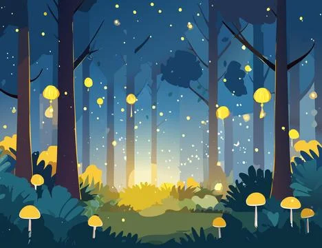 Night forest with lanterns and trees, vector illustration in flat style Stock-Illustration