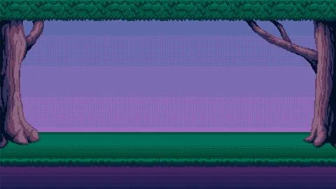 Night forest pixel art background. 2d backdrop for 8-bit retro video game or Illustrazione stock