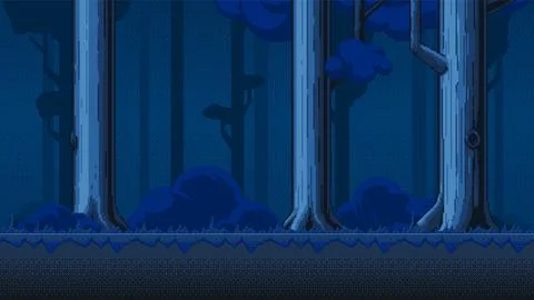 Night forest pixel art. Horizontal seamless pixelated backdrop for 8-bit video Stock Illustration