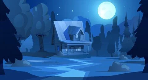 Night forest scene with a rustic wooden house under the starry sky and moon. Ilustração Stock
