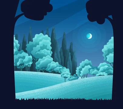 Night in forest, vector art cartoon illustration. Hills and tall trees pine Stock Illustration